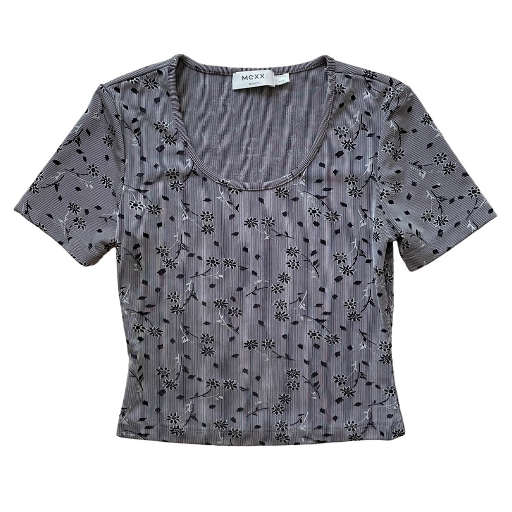 90s Mexx Grayscale Floral Striped Cropped Scoop Neck Tee Top Small Medium